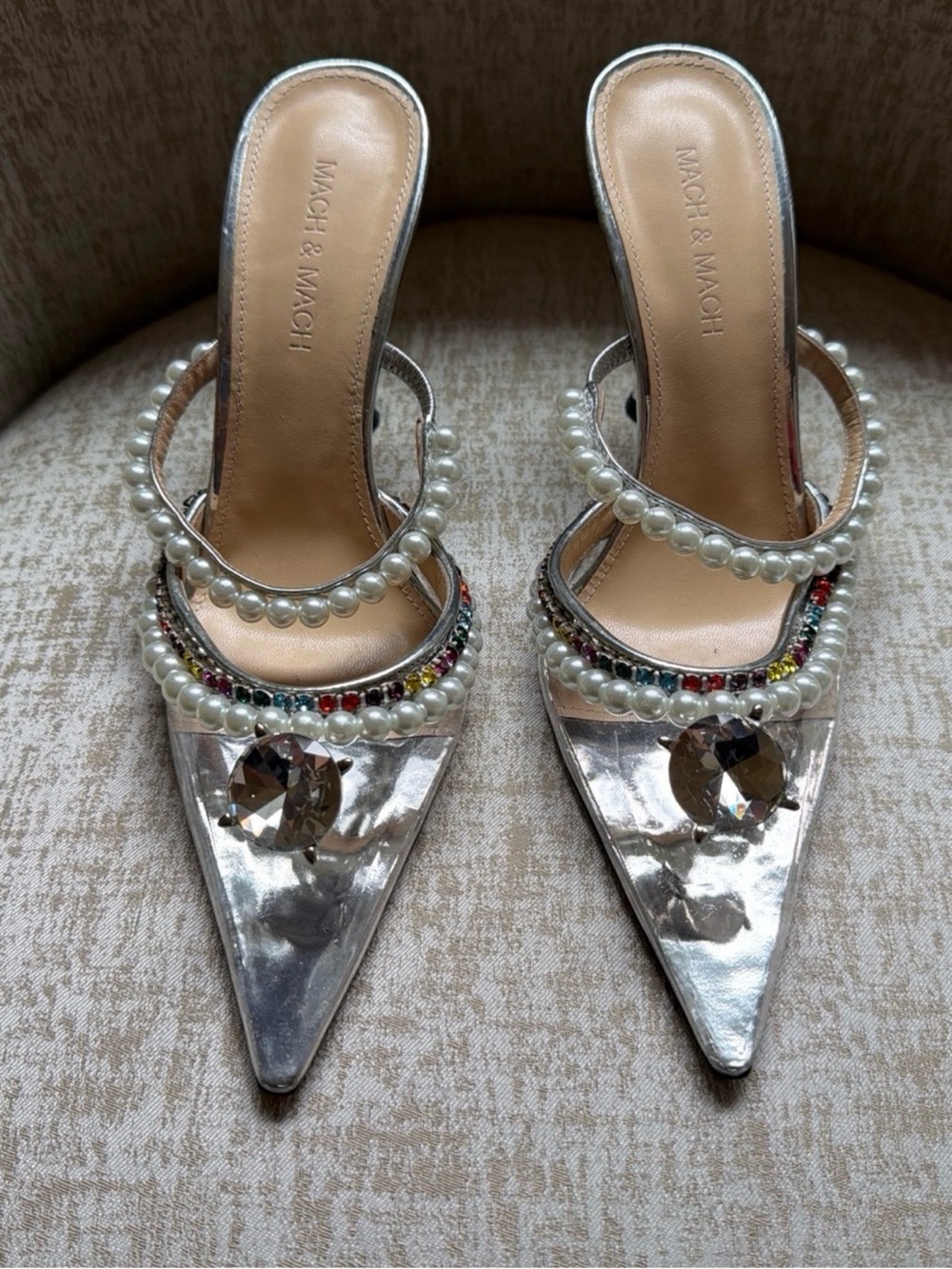 MACH & MACH Genuine Leather Crystal Pearl Pointed Toe Mule Heels Silver Size 36